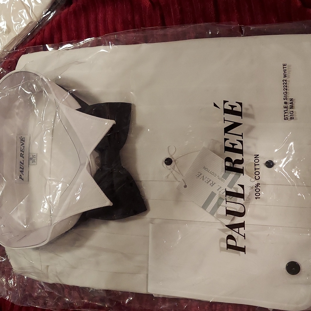 Paul Rene white button down cuffed sleeve black tie